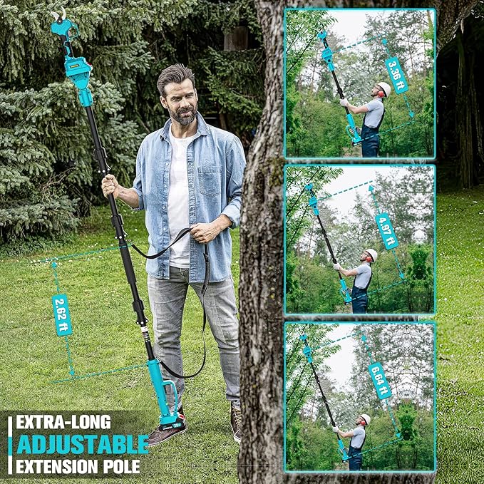 2 in 1 Pole Pruning Shears, 2" Cutting Diameter Electric Cordless Pole Pruner Compatible with Makita 18V Battery, with 2 x 2.0Ah Rechargeable Batteries, Brushless Motor,13ft Reach Pole Pruner