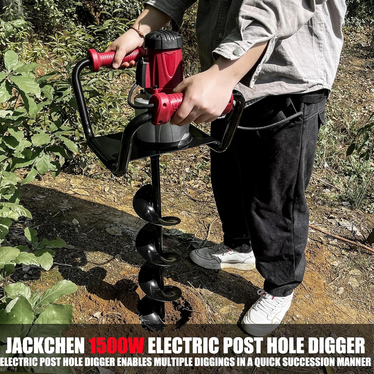 JACKCHEN 1500W Electric Post Hole Digger with Reverse, Double Handle Earth Auger with Storage Bag, 2×6"and 2×4" Auger Bit Earth Auger Drill, Ideal for Installing Fence Post, Drilling, Planting Trees