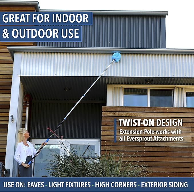 EVERSPROUT 5-to-12 Foot Cobweb Duster and Extension-Pole Combo (20 Foot Reach, Soft Bristles) | Hand Packaged | Lightweight, 3-Stage Aluminum Pole | Indoor & Outdoor Use Brush Attachment