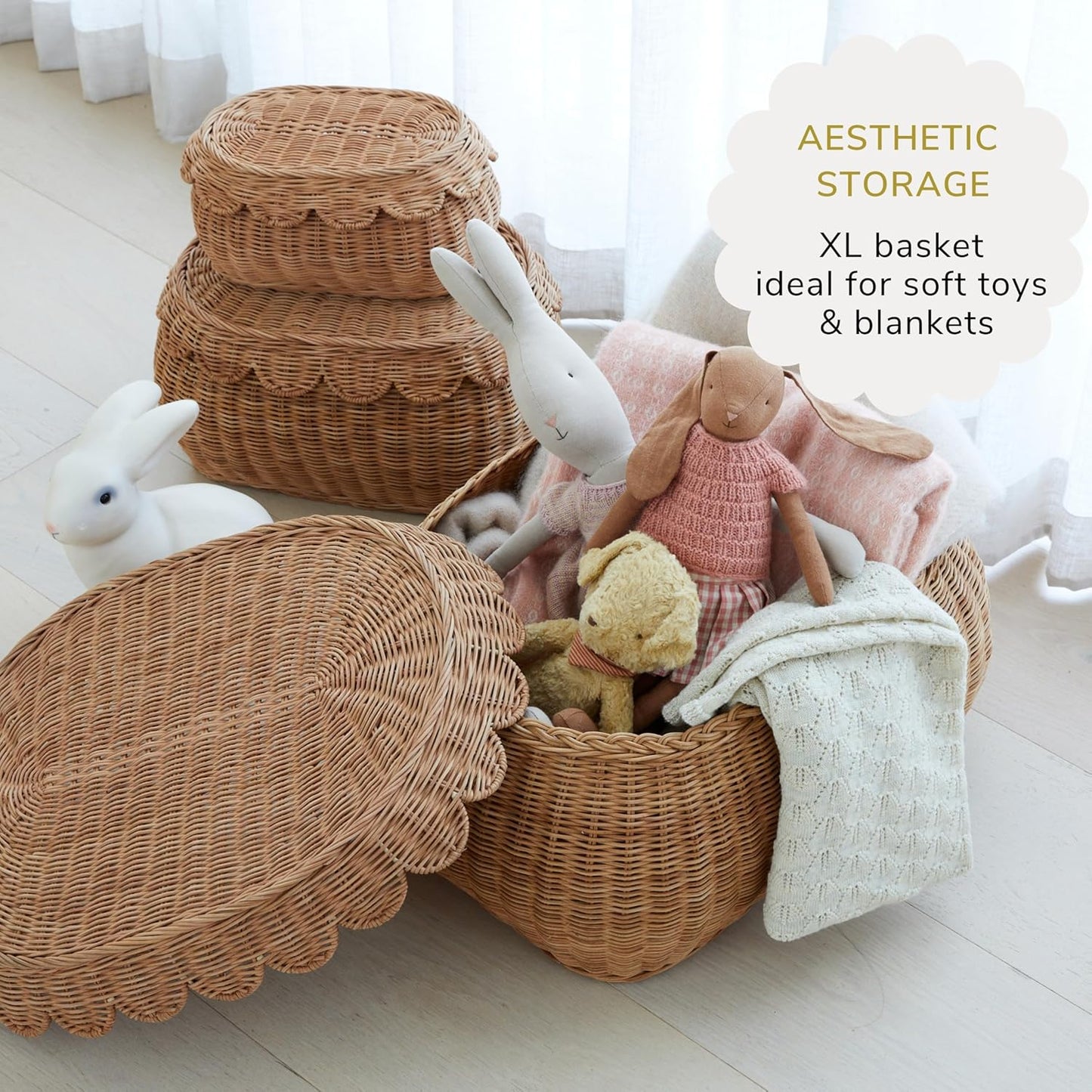 BEBE BASK Large Scalloped Basket Set Of 3 - Hand-Woven & Award-Winning Scallop Basket - XL - Extra Large for Blankets 22 x 16 x 10 In - Elegant Wicker With Scalloped Edge Lid (Mocca)