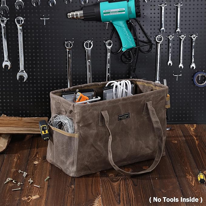 Tool Bag, Foldable Rectangular Hand Tool Storage Bag, 16OZ Waxed Canvas Tool Bag Case - with External Pockets + Sturdy Handles + Top Metal Bar - for Carpenter Repairman Gardener | Grey | 15"Lx7"Wx10"H