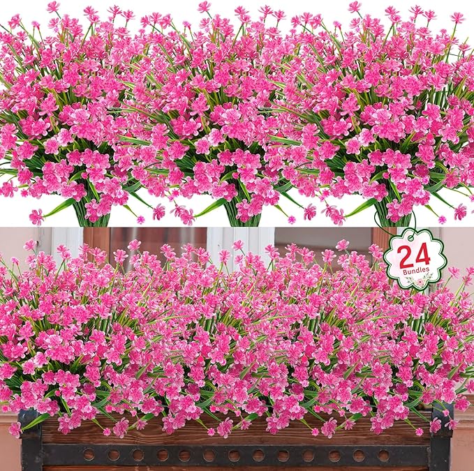 Ouddy Decor 24 Bundles Artificial Flowers for Outdoors UV Resistant Fake Plastic Plants Faux Greenery Stems for Spring Summer Indoor Garden Patio Window Box Kitchen Home Decor, Pink
