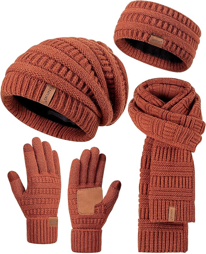 Womens Winter Beanie Hat Scarf Gloves Headband Set, Slouchy Beanie Ear Warmer Knit Scarf Touchscreen Gloves Warm 4 Gift Set