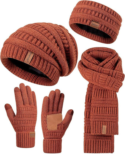 Womens Winter Beanie Hat Scarf Gloves Headband Set, Slouchy Beanie Ear Warmer Knit Scarf Touchscreen Gloves Warm 4 Gift Set