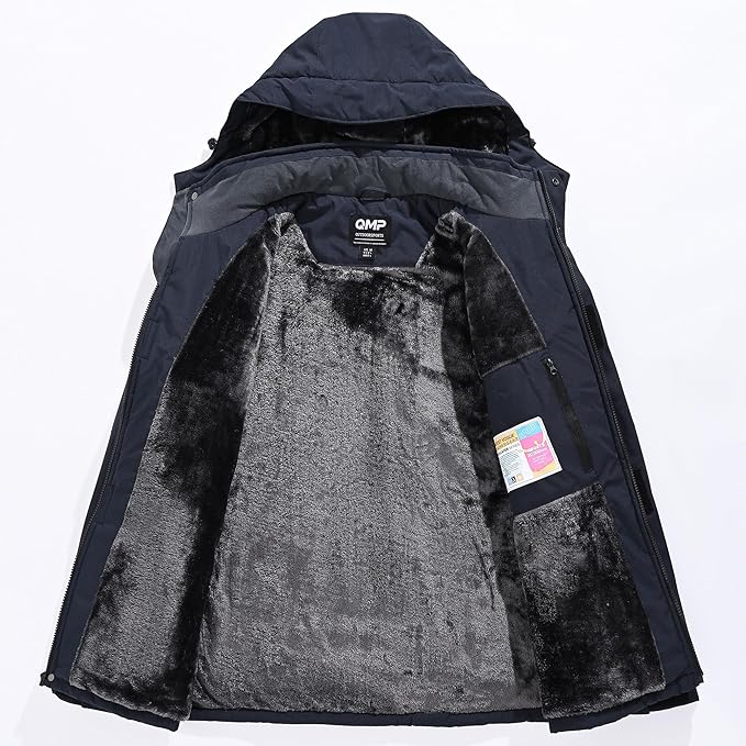 QMP Winter Jackets For Men with Hoode Ski Snow Snowboarding Waterproof Fleece Liner Coats Windproof Raincoat 6 Pockets