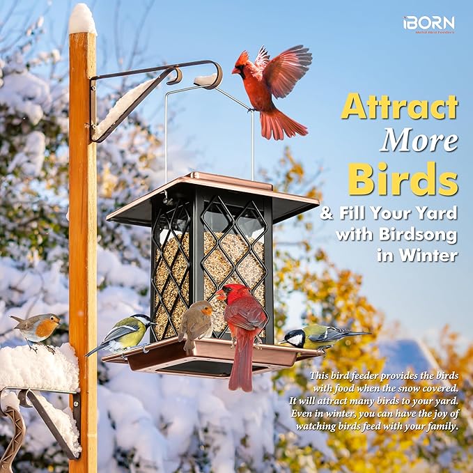 iBorn Bird Feeders for Outdoors, Metal Bird Feeder, Wild Bird Feeders for Cardinal, 2.4LBS Capacity,18cm Large Roof, Lantern Style, Brush Copper