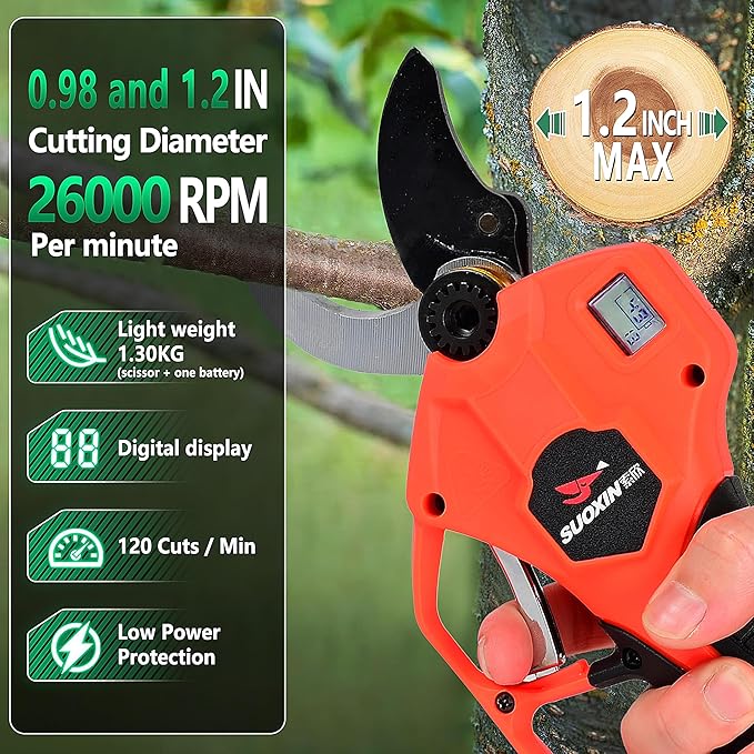 Cordless Electric Pruning Shears, 1.2" (3cm) Cutting Diameter, SK5 Blade, 2×21V 4500mAh Batteries, Lightweight Ergonomic Garden Tree Branch Cutter