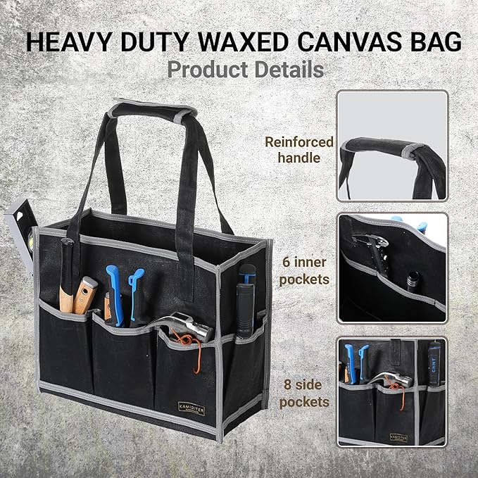 Waxed Canvas Tool Pouch,1 Large Capacity Pocket & 14 Pockets Garden Tool Storage Bag, 14.5 X 6.5 X 11 inch Muti-Purpose Tool Bag with Padded Handle | Black