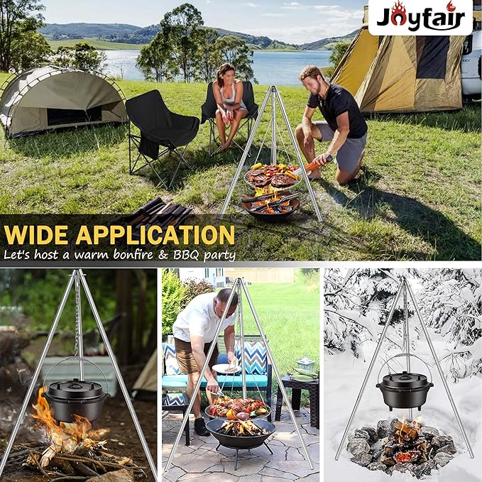 Joyfair Campfire Camping Tripod Grill Grate(17” Dia.), Heavy Duty Stainless Steel Openfire Tripod with Over Firepit Rack Camp Equipment, Adjustable Height Stand for Outdoor BBQ Cooking Grilling