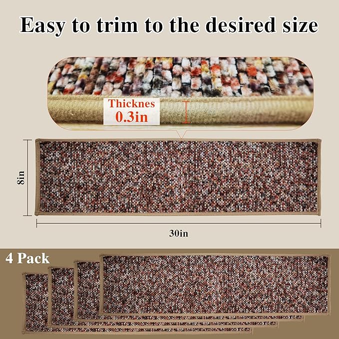 Heavyweight Extra Thick Chenille Stair Treads, Plush Pile Weaving Non-Slip Stair Carpets, Ultra-Soft Staircase Rug for Premium Home Comfort, 4 Pack 30"X8" - Monet Orange Pink