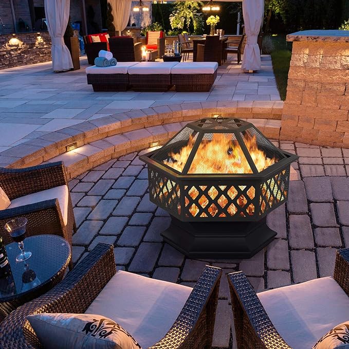 Yaheetech Fire Pit Fire Pits for Outside 24in Hex Shaped Firepit Bowl with Spark Screen & Poker for Patio Backyard Garden Picnic Bonfire Camping
