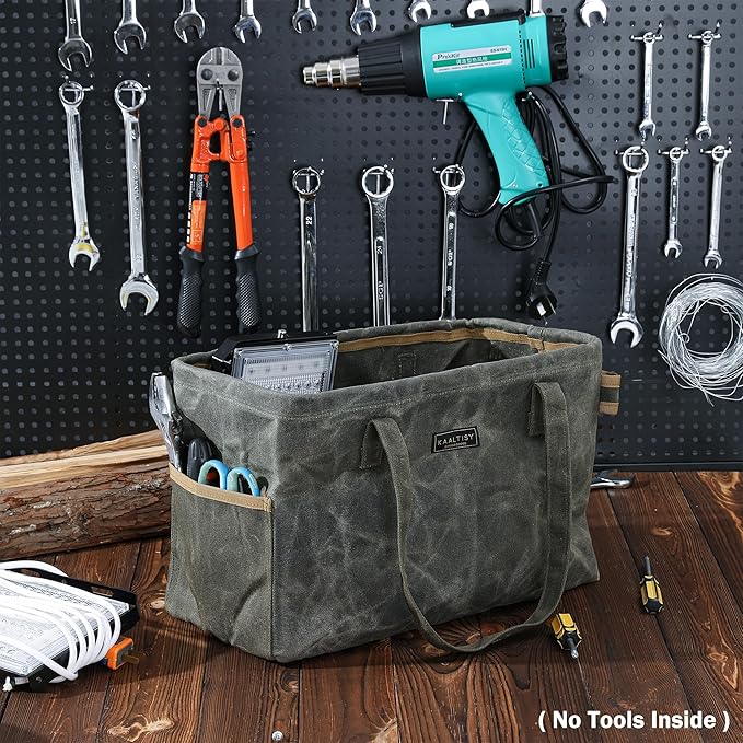 Kaaltisy Canvas Tool Tote Bag | 16OZ Waxed Canvas Tool Carrying Bag - with 8 Pockets & Metal Support Rods, Rectangular Foldable Canvas Tote Tool Bag for Chisels Wrench Hammer Level | Army Green