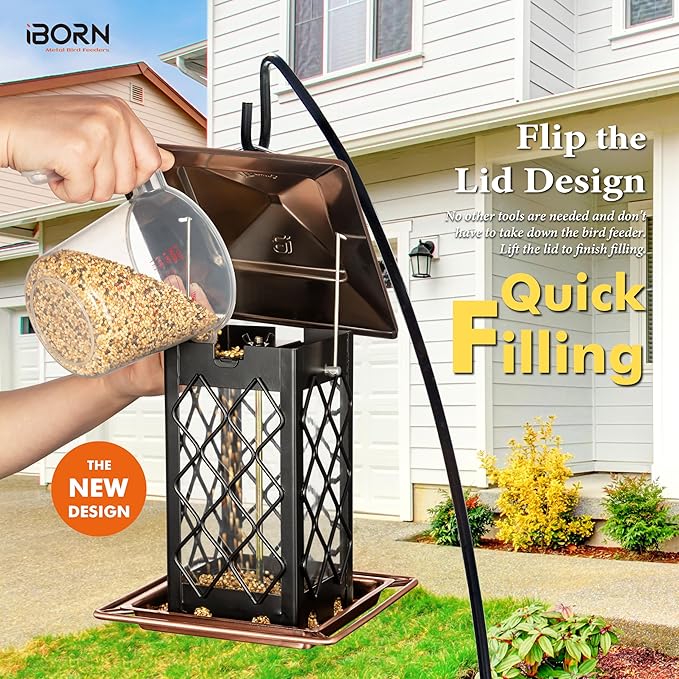 iBorn Bird Feeders for Outdoors, Metal Bird Feeder, Wild Bird Feeders for Cardinal, 2.4LBS Capacity,18cm Large Roof, Lantern Style, Brush Copper