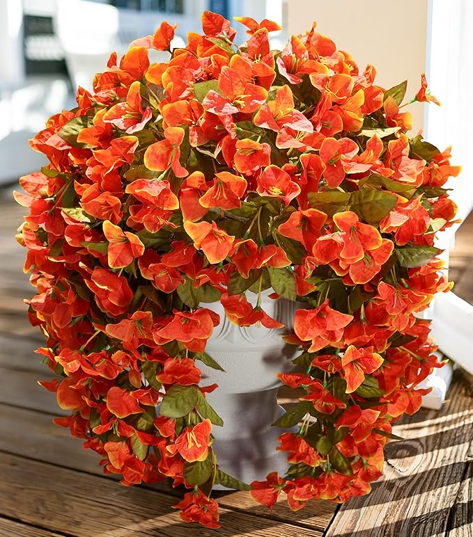 Bougainvillea Artificial Flowers Plants for Outdoors Outside Fall Autumn Decor, 2 pcs Faux Silk Long Trailing Vines UV Resistant Look Real Orange Fake Flowers for Front Door Porch Planter Urn Patio