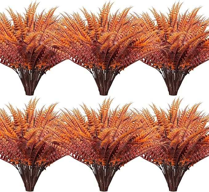 12 Bundles Artificial Fall Plants, Fake Boston Fern Greenery Outdoor UV Resistant No Fade Faux Plastic Plants Garden Porch Window Box Decorating（Fall Boston Fern