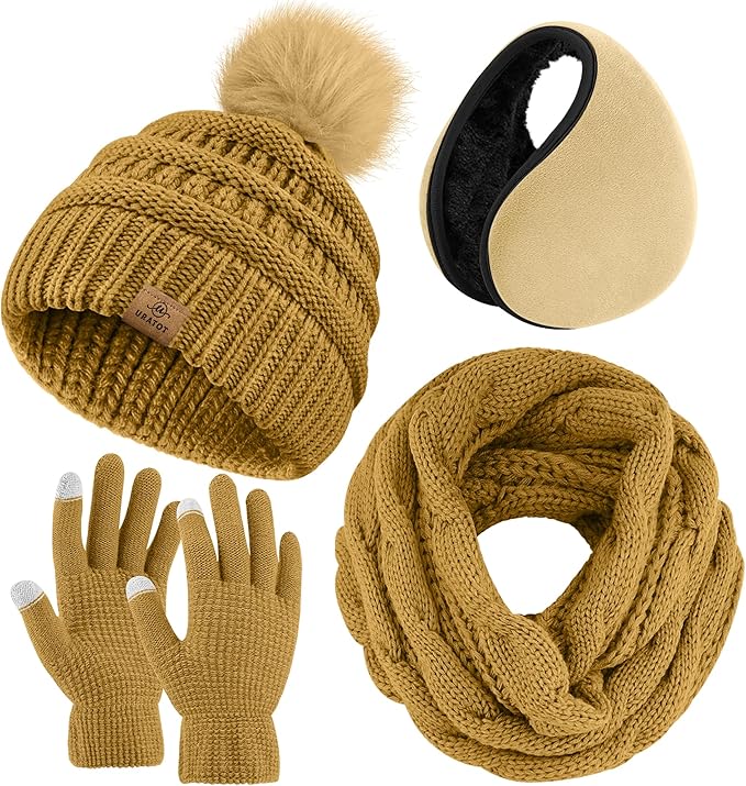 URATOT 4-In-1 Winter Warm Sets Knitted Scarf Touch Screen Gloves Beanie Pompom Hat and Winter Ear Warmer for Men or Women