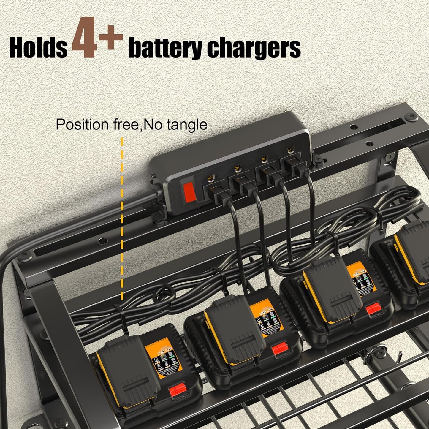 Power Tool Organizer With Charging Station, Heavy Duty Steel 4 Slots, Tool Battery Holder with 4 Outlet Power Strip, Easy To Install Garage Storage Rack for Workshop/Shed Gift For Men