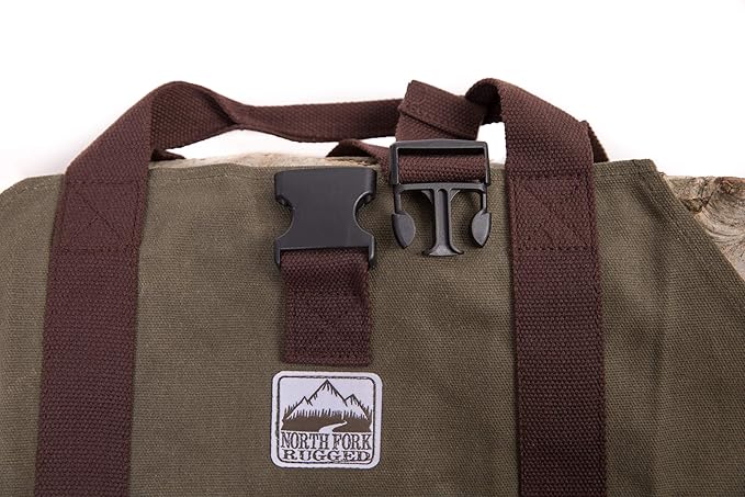 Heavy Duty Waxed Canvas Firewood Log Carrier Bag Tote – Unique Dual Handles allow Secure Comfortable grip with various load sizes. Cinch Strap holds all wood in place (Olive/Olive)