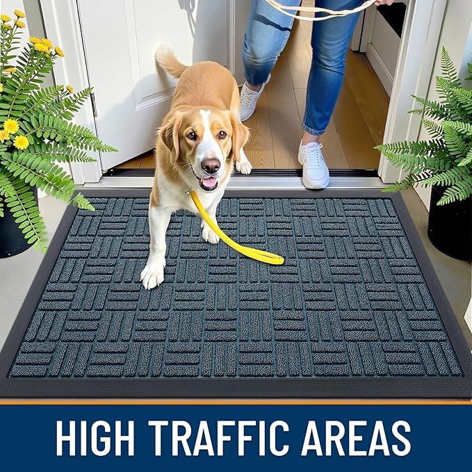 OLANLY Front Door Mat Outside Entrance 47x23, Absorbent, Heavy Duty Sturdy Natural Rubber Doormat Indoor Outdoor, Non-Slip, Stain and Fade Resistant, Low Profile Floor Mat for Entryway, Lake Blue