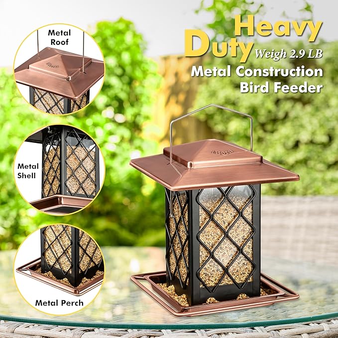 iBorn Bird Feeders for Outdoors, Metal Bird Feeder, Wild Bird Feeders for Cardinal, 2.4LBS Capacity,18cm Large Roof, Lantern Style, Brush Copper
