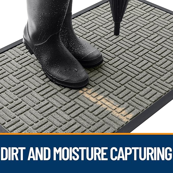 OLANLY Front Door Mat Outside Entrance 59x34, Absorbent, Heavy Duty Sturdy Natural Rubber Doormat Indoor Outdoor, Non-Slip, Stain and Fade Resistant, Low Profile Floor Mat for Entryway, Modern Gray