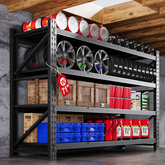 71” W Storage Shelves Heavy Duty, 5000LBS Metal Garage Shelving Units, 4 Tier Storage rack shelf, Steel Industrial Shelving , Adjustable Standing Shelf for Basement/Warehouse 71"W x 24"D x 70"H, Black