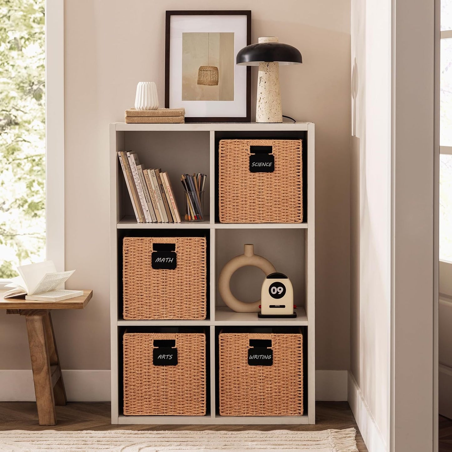 UBBCARE 2 Pack Wicker Basket, 10.5×10.5 Storage Cubes with Label, Foldable Cube Storage Bin with Handle, Square Storage Basket for Shelves, Woven Paper Rope Basket for Organizing, Caramel