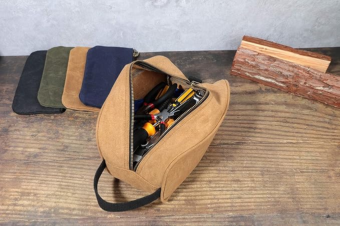 Heavy Duty 16 OZ Waxed Canvas Tool Bag, Multi-purpose Tool Pouch Tote Bags (Khaki)