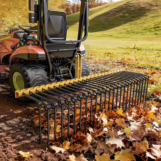 YITAMOTOR 60" Tow Behind Landscape Rake, 3 Point Quick Hitch Lawn Dethatcher Rakes with 28 Steel Tines for Category 1 Tractors, Heavy Duty Powder Coated Finish Tools for Leaves, Pine Needles, Straw