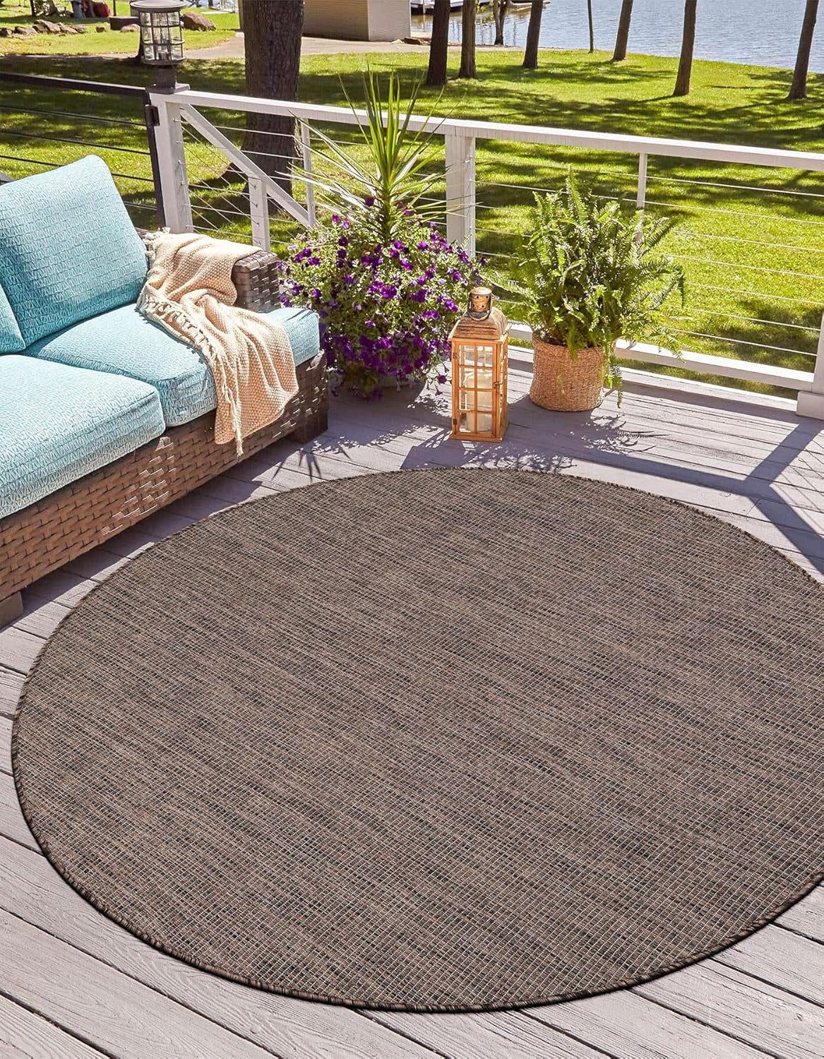 Unique Loom Outdoor Solid Collection Area Rug (10' Round Light Brown/Ivory)