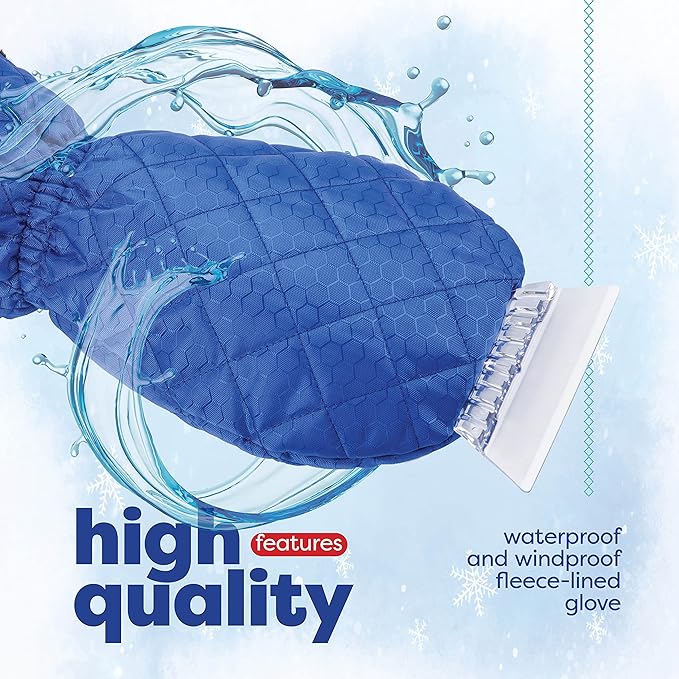 SCRUBIT Ice Scraper with Glove - Car Windshield Scraper for Ice and Snow w/Fleece Mitt - Quickly Scrape and Remove Snow While Staying Warm - Waterproof & Windproof - Car Scraper Snow Brush (Blue)