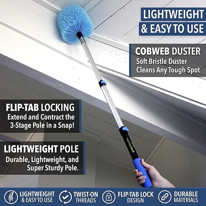 EVERSPROUT 1.5-to-3 Foot Cobweb Duster and Extension-Pole Combo (8-10 Ft Standing Reach, Soft Bristles) | Hand Packaged | Lightweight, 3-Stage Aluminum Pole | Indoor & Outdoor Use Brush Attachment