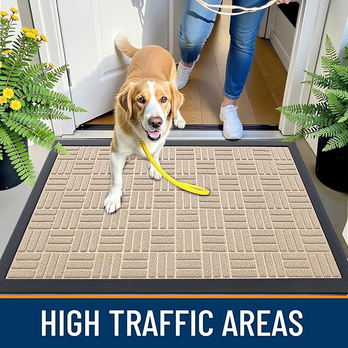 OLANLY Front Door Mat Outside Entrance 47x17, Absorbent, Heavy Duty Sturdy Natural Rubber Doormat Indoor Outdoor, Non-Slip, Stain and Fade Resistant, Low Profile Floor Mat for Entryway, Latte White