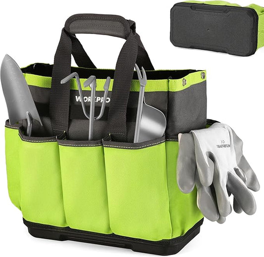 WORKPRO Garden Tool Bag with Waterproof Plastic Base, 8 Pockets Gardening Bag, Heavy Duty Oxford Garden Tote Caddy, Gardening Tool Kit Holder for Indoor and Outdoor(Tools NOT Included)