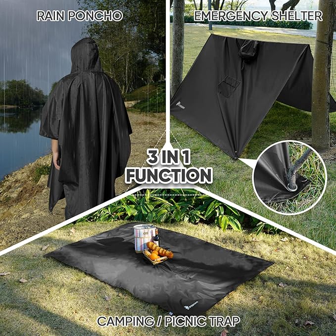 PTEROMY Hooded Rain Poncho for Adult with Pocket, Waterproof Lightweight Unisex Raincoat for Hiking Camping Emergency