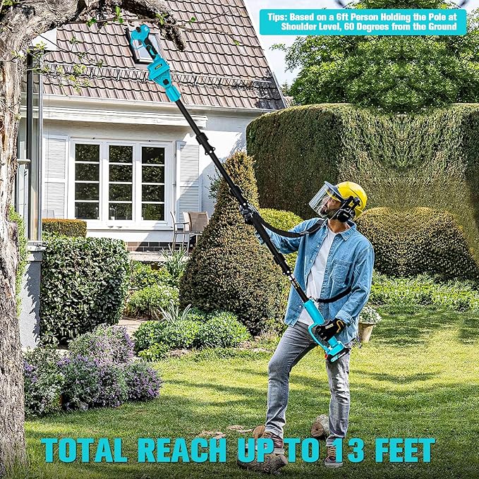 2 in 1 Pole Pruning Shears, 2" Cutting Diameter Electric Cordless Pole Pruner Compatible with Makita 18V Battery, with 2 x 2.0Ah Rechargeable Batteries, Brushless Motor,13ft Reach Pole Pruner