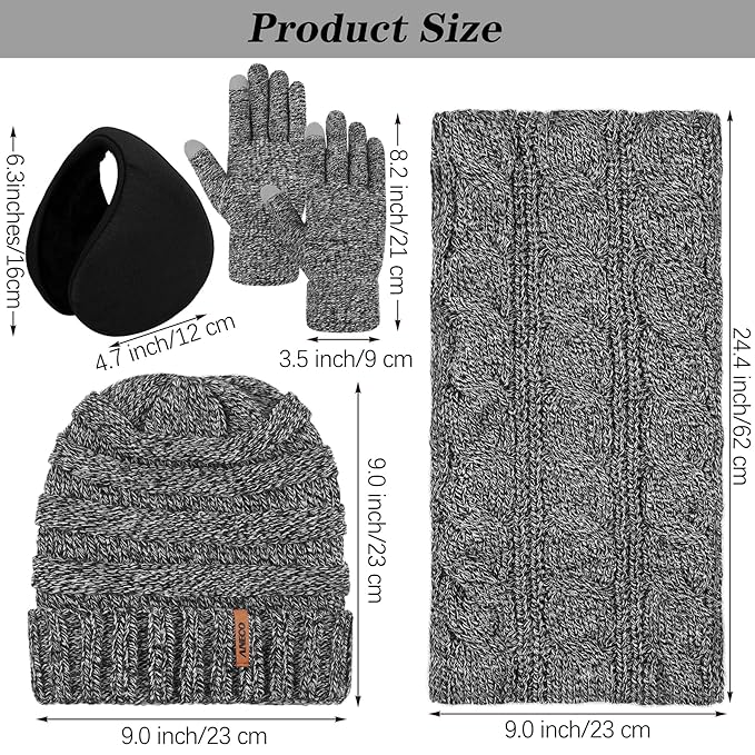 Aneco Winter Warm Sets Knitted Scarf Beanie Hat Touch Screen Gloves and Winter Ear Warmer Hats for Women or Men