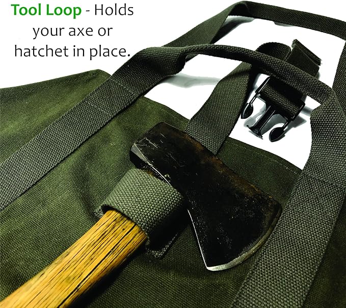 Heavy Duty Waxed Canvas Firewood Log Carrier Bag Tote – Unique Dual Handles allow Secure Comfortable grip with various load sizes. Cinch Strap holds all wood in place (Olive/Brown)