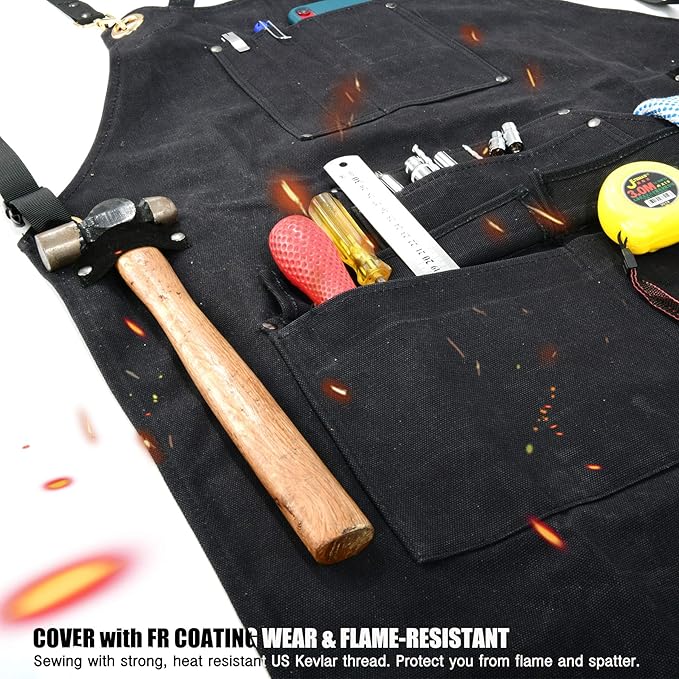 QeeLink Woodworking Shop Apron with 10 Pockets FR Waxed Canvas Work Apron - Flame Retardant - Adjustable M to XXXL for Men & Women, Black