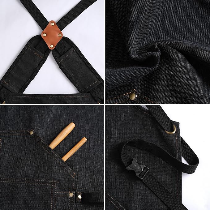 Tosewever Work Aprons for Men with Large Pockets, Canvas Cross Back Heavy Duty Adjustable Tool Aprons for Chef Cooking BBQ