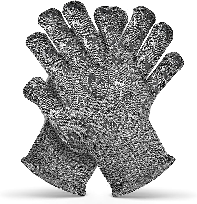 Oven Gloves with Fingers - 932°F Extreme Heat Proof and Cut Resistant Mitts for Kitchen, BBQ, Grill, Baking, Fire Pit - EN407 Certified with Non-Slip Silicone Grip and Cotton Lined for Comfort