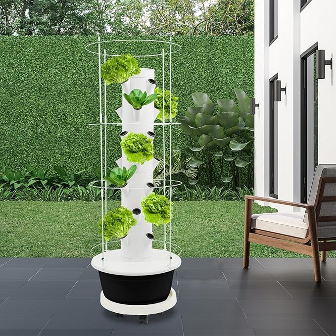 Hydroponic Growing Tower with Climbing Trellis, 30L Water Tank & Automatic Timer, Indoor Outdoor Vertical Garden System for Vegetables Herbs Strawberries (Black - 28 Holes)