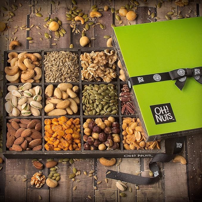Oh! Nuts 12 Variety Nuts Gift Basket - Healthy Gift Baskets - Gourmet Assorted Nuts Tray - Gift Box for Holiday, Movie Night, Corporate, Families - Gift Ideas for Men and Women