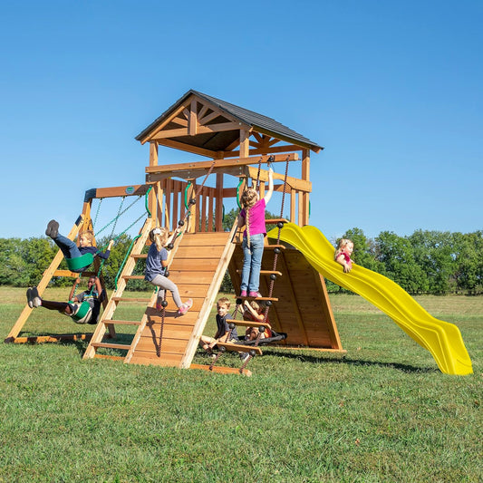Backyard Discovery Endeavor Cedar Wood Swing Set with Wave Slide, Play Deck, Double Rock Wall, Rope Ladder, Climbing Wall, Belt Swings, 40-Inch Web Swing, Step Ladder, Toy Telescope, Outdoor Playset