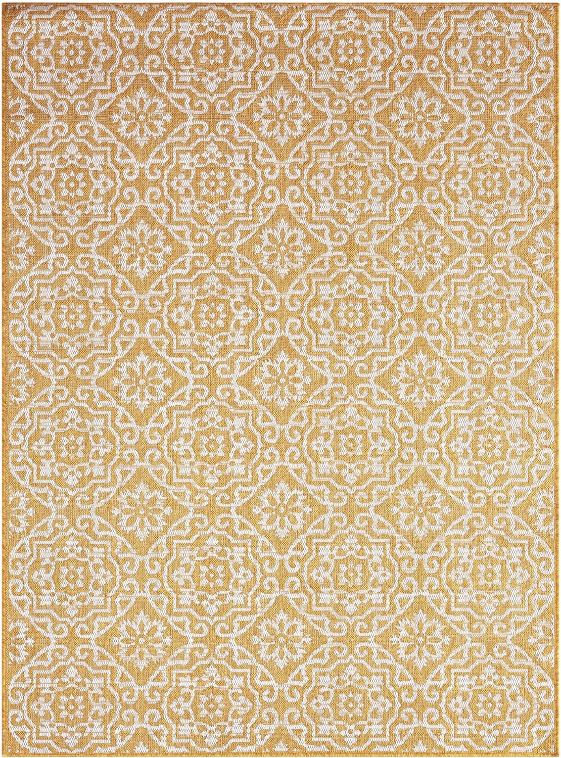 Nicole Miller New York Patio Country Julia Transitional Geometric Indoor/Outdoor Area Rug, Yellow/White, 6'6"x9'2"