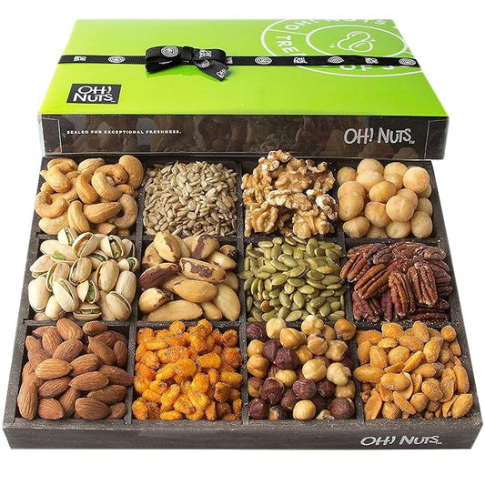 Oh! Nuts 12 Variety Nuts Gift Basket - Healthy Gift Baskets - Gourmet Assorted Nuts Tray - Gift Box for Holiday, Movie Night, Corporate, Families - Gift Ideas for Men and Women