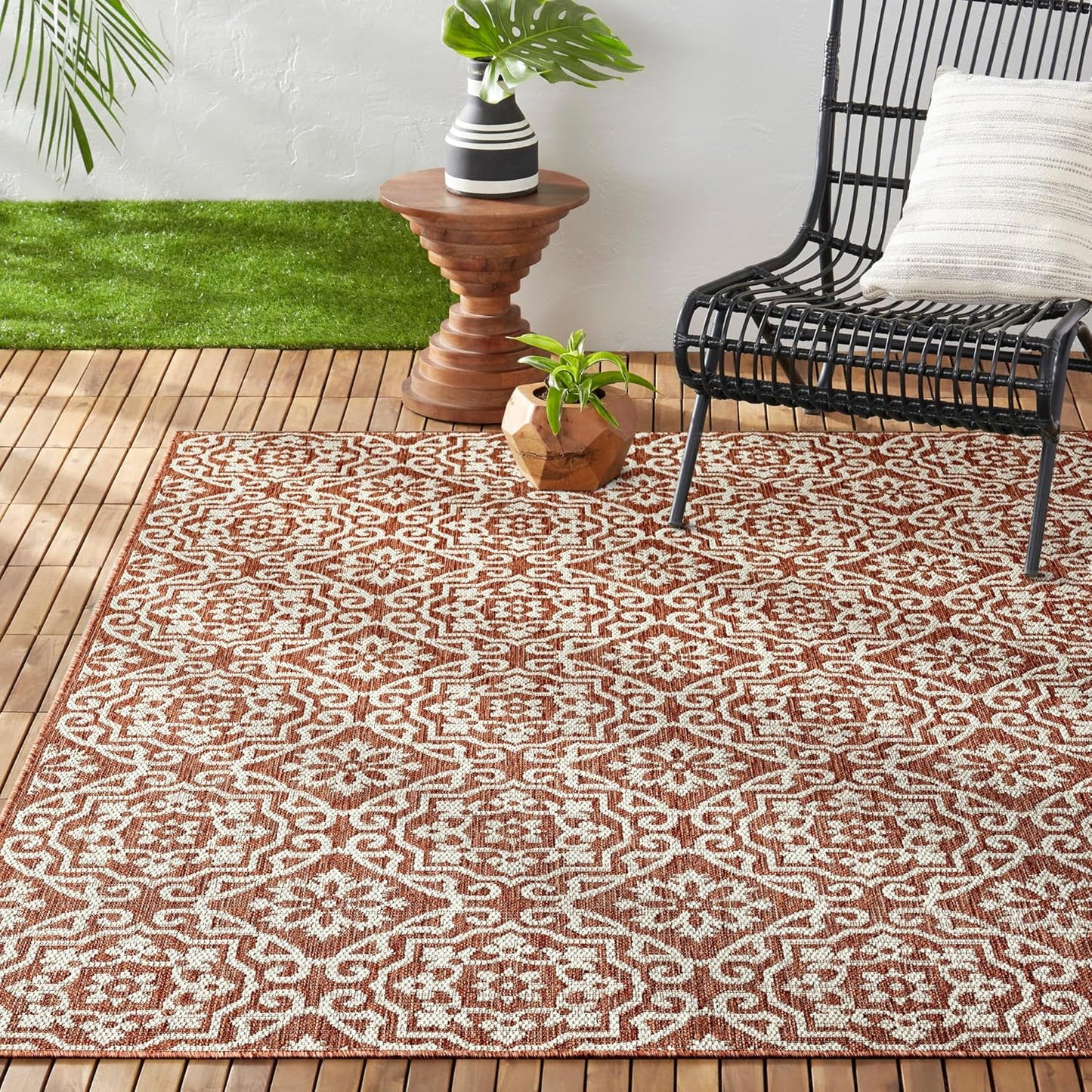 Nicole Miller New York Patio Country Julia Transitional Geometric Indoor/Outdoor Area Rug, Terracotta/Ivory, 7'9"x10'2"